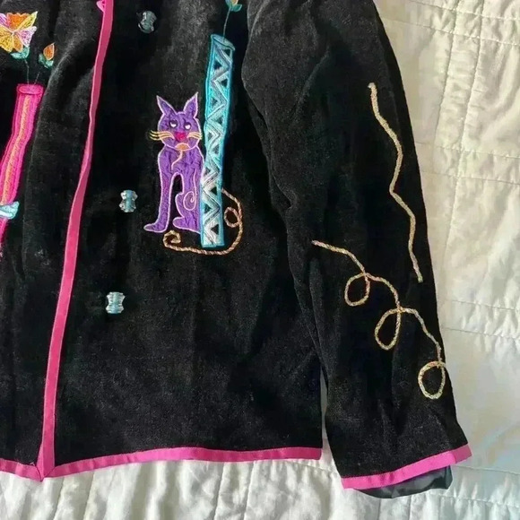 Vintage Daniel k cat embroidered black jacket women’s large boho artsy autumn - Picture 3 of 8
